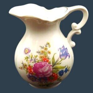 Vintage Porcelain Juice Milk Pitcher Decorative Floral w/ Gold Trim